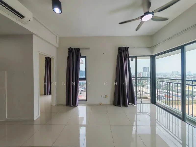 Living features: large floor-to-ceiling windows, grey curtains, white painted walls, polished ceramic tile flooring, 5-blade ceiling fan, air conditioning unit, balcony access, city view; style: modern; view: city.