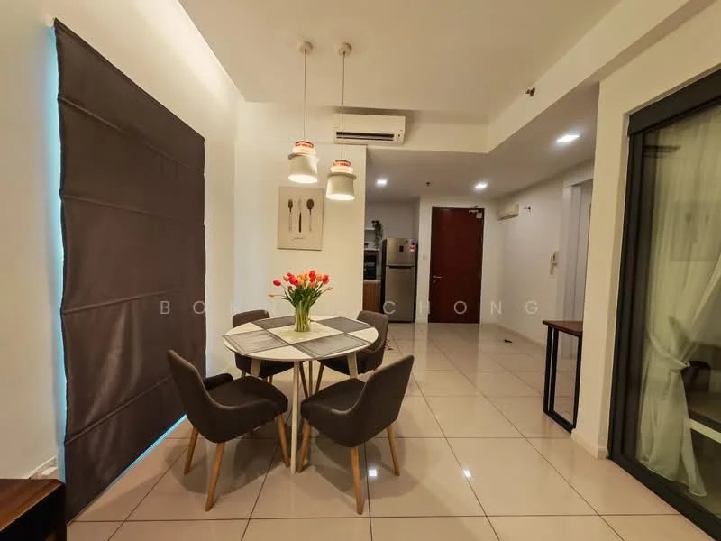 Dining features: round dining table, 4 upholstered dining chairs, pendant lighting with two lamps, white walls, tile flooring, wall-mounted air conditioning unit, large window with sheer curtains, decorative wall art; style: modern. Room features: open layout, interior door leading to hallway, recessed lighting.