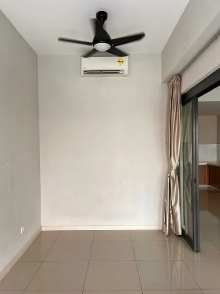 Room features: white painted walls, glossy tile flooring, 5-blade ceiling fan, wall-mounted split AC, floor-to-ceiling sliding glass door, sheer curtains; style: modern.