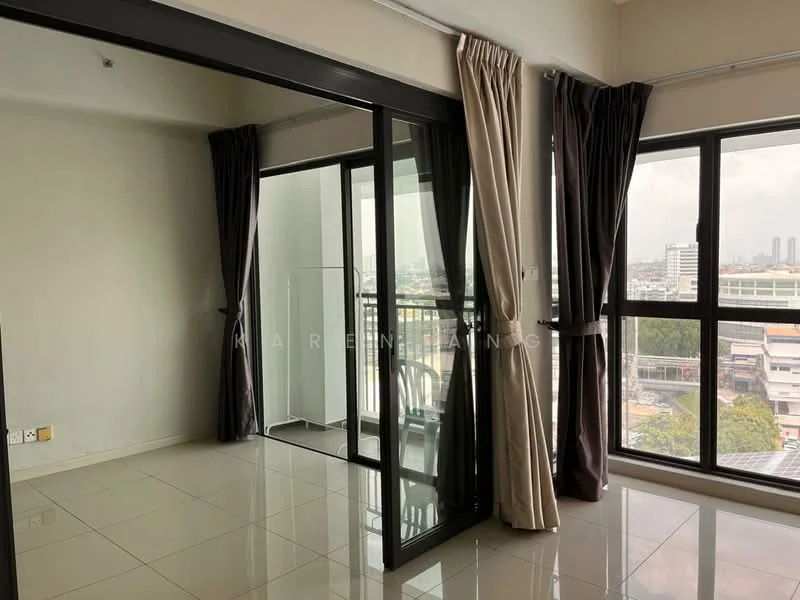 Room features: floor-to-ceiling windows, sliding glass door, grey curtains, beige curtains, white painted walls, glossy tile flooring, balcony view, city skyline view; style: modern; view: city.