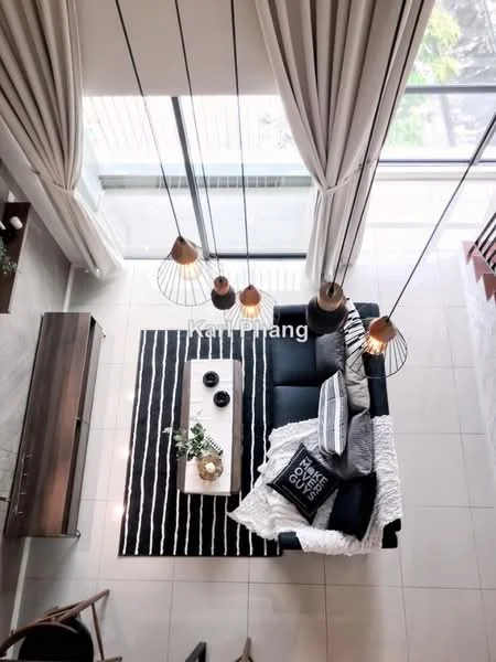 Living features: black leather sofa, area rug with striped pattern, coffee table, pendant lighting with multiple bulbs, floor-to-ceiling windows, sheer curtains, decorative throw pillows, decorative plant in pot, wooden console table, wall-mounted TV, open space layout, neutral tile flooring; style: modern; view: garden.