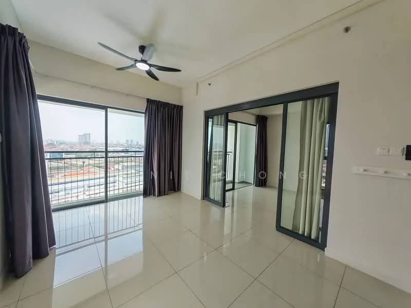 Living features: floor-to-ceiling windows, sliding glass door, 5-blade ceiling fan with light, cream painted walls, white tiled flooring, dark grey curtains, balcony access, city view; style: modern; view: city.