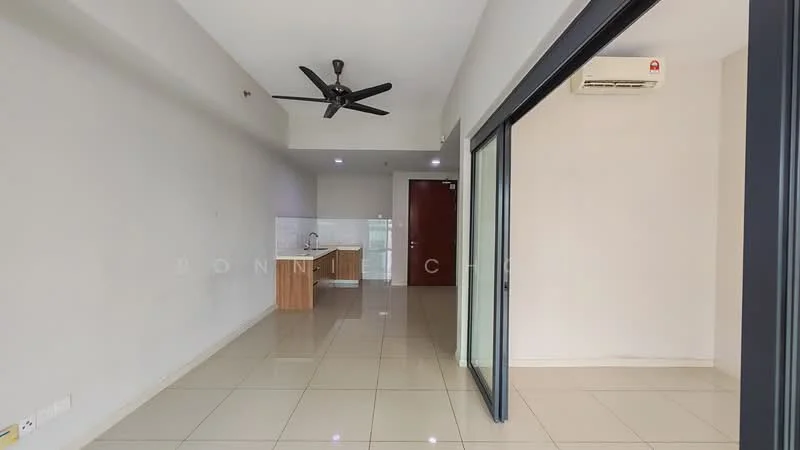 Living features: glossy tile flooring, white painted walls, 5-blade ceiling fan with light, wall-mounted split AC, floor-to-ceiling sliding glass door, open layout, kitchenette with wooden cabinetry, recessed lighting; style: modern.
