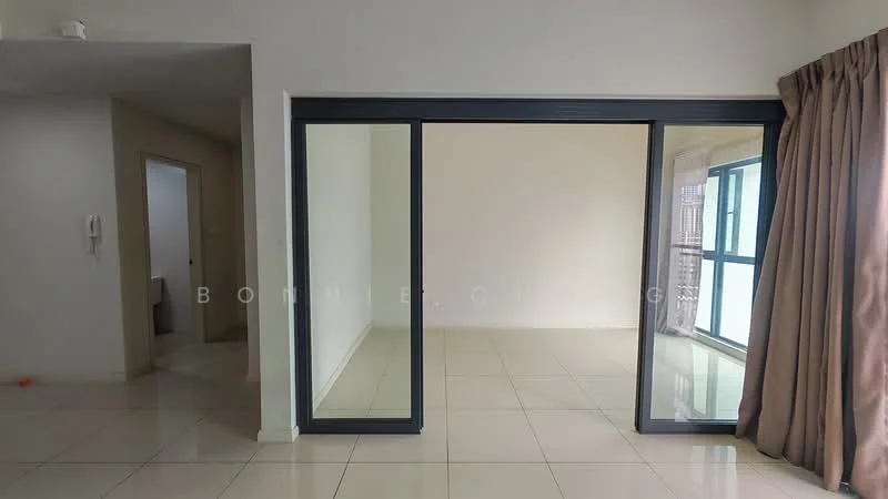 Room features: large glass sliding doors, neutral wall colour, white tiled flooring, floor-to-ceiling windows, curtains, open layout, natural light, minimalist decor; style: modern.