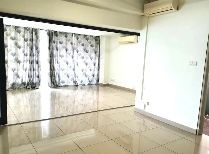Living features: large floor-to-ceiling windows, grey patterned sheer curtains, glossy ceramic tile flooring, wall-mounted split AC, neutral painted walls, recessed downlights, open layout, mirror wall; style: modern.