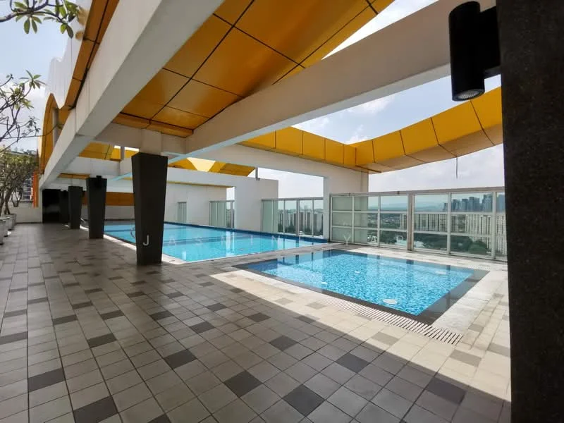 Exterior type: swimming pool deck; features: infinity pool, lap pool, pool deck with loungers, yellow awning, glass railing, tiled flooring, landscaped planters, city skyline view; style: modern.