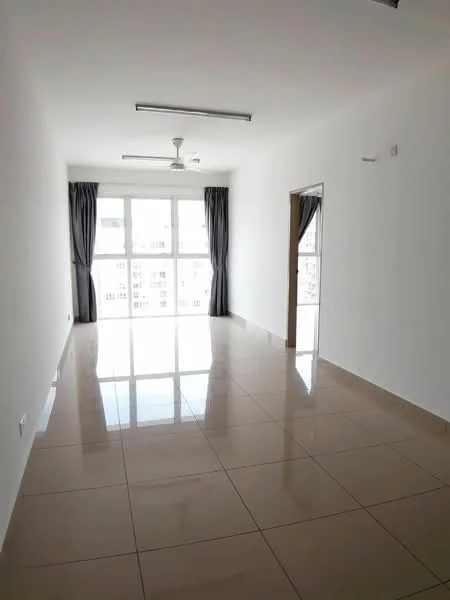 Living features: white painted walls, glossy ceramic tile flooring, 5-blade ceiling fan with light, floor-to-ceiling windows, blackout curtains, natural light, neutral color scheme, open layout; style: modern.