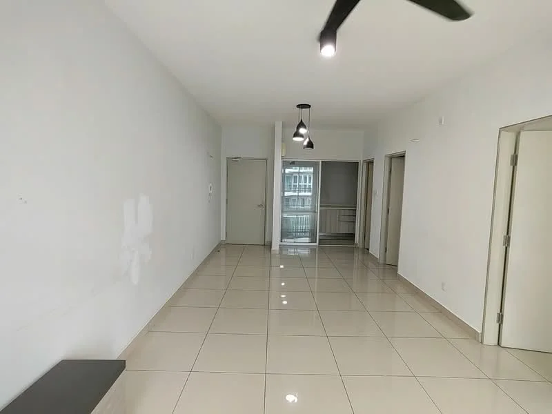 Living features: white painted walls, glossy ceramic tile flooring, ceiling fan, recessed downlights, sliding glass door, door to hallway, door to bedroom, neutral color scheme; style: modern.