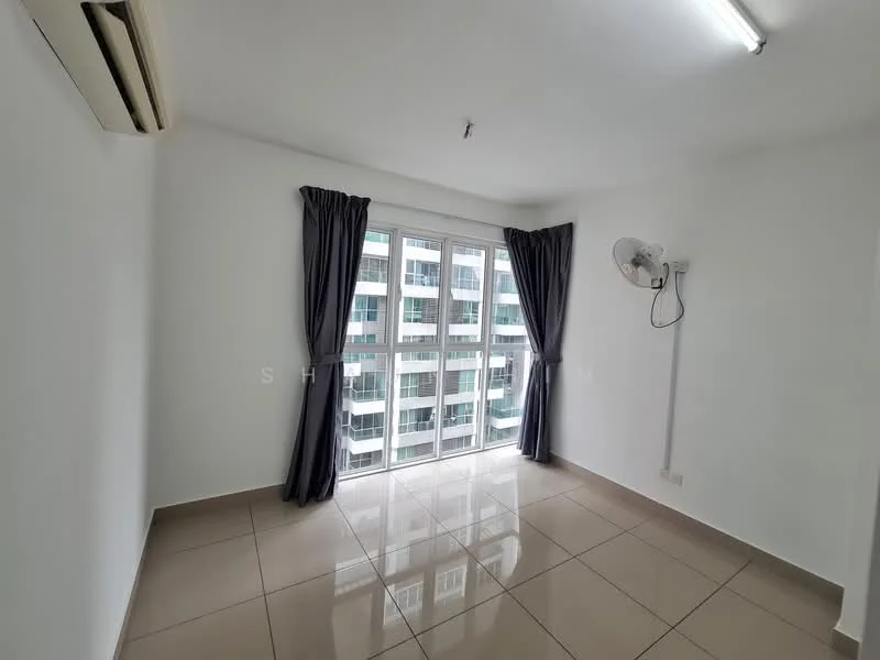 Room features: white painted walls, glossy tile flooring, floor-to-ceiling windows, grey curtains, wall-mounted ceiling fan, air conditioning unit, natural light from windows; style: modern; view: city.