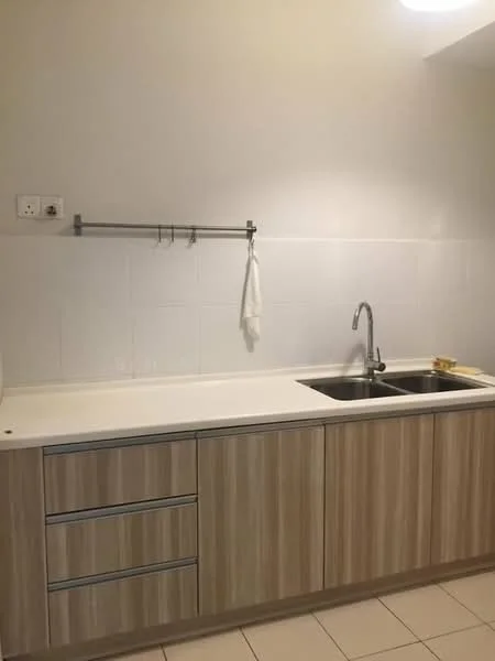 Kitchen features: laminate cabinetry in light wood finish, white countertop, double-bowl stainless-steel sink, chrome pull-down faucet, white tiled backsplash, wall-mounted towel rack, under-cabinet lighting, ceramic tile flooring; style: modern.
