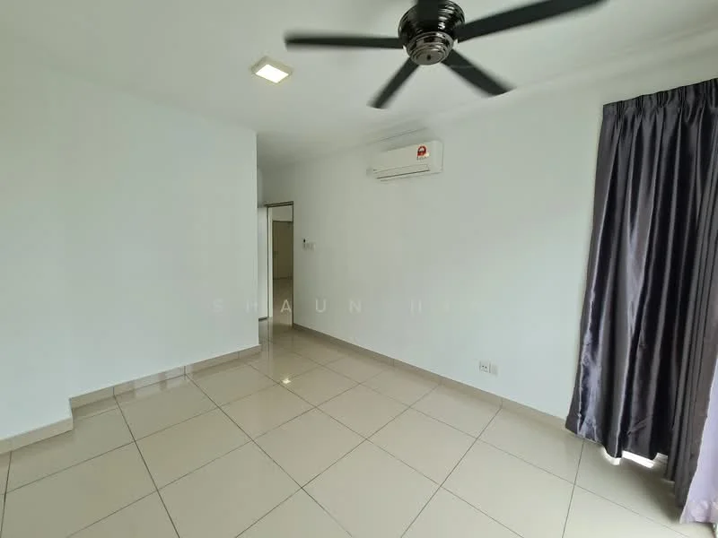 Room features: white painted walls, cream tiled flooring, 5-blade ceiling fan with light, wall-mounted split AC, floor-to-ceiling window with grey curtains, recessed ceiling lights; style: modern.