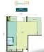 Floor plan: 1-bedroom 1-bathroom unit; features: open-plan kitchen-dining-living, master bedroom with ensuite bathroom, balcony off living room, utility room, central foyer.