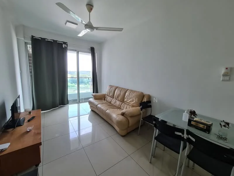 Living features: cream leather sofa, glass dining table, black dining chairs, floor-to-ceiling windows, curtains in dark grey, ceiling fan with light, TV console, wall-mounted TV, polished tile flooring, white painted walls; style: modern; view: city.