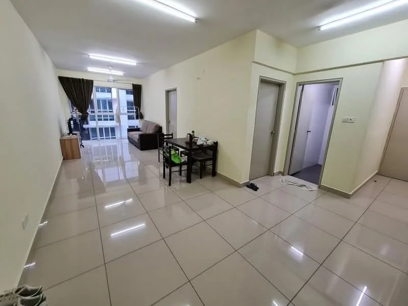 Living features: glossy ceramic tile flooring, cream painted walls, recessed ceiling lights, floor-to-ceiling windows, sliding glass door, curtains, sofa, dining table with chairs, TV console, wall-mounted TV, decorative plants; style: modern; view: city. Room features: grey painted walls, door to bathroom, door to bedroom.