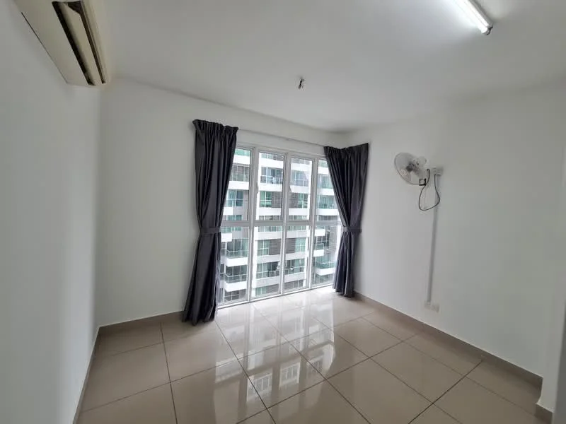 Room features: white painted walls, glossy ceramic tile flooring, floor-to-ceiling windows, grey curtains, wall-mounted ceiling fan, air conditioning unit, natural light from windows; style: modern; view: city.