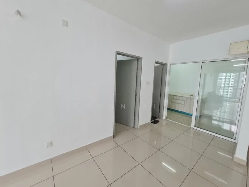 Room features: white painted walls, glossy ceramic tile flooring, glass sliding door, doorway to adjacent rooms, neutral color scheme, natural light from windows, open layout, minimalist design; style: modern.