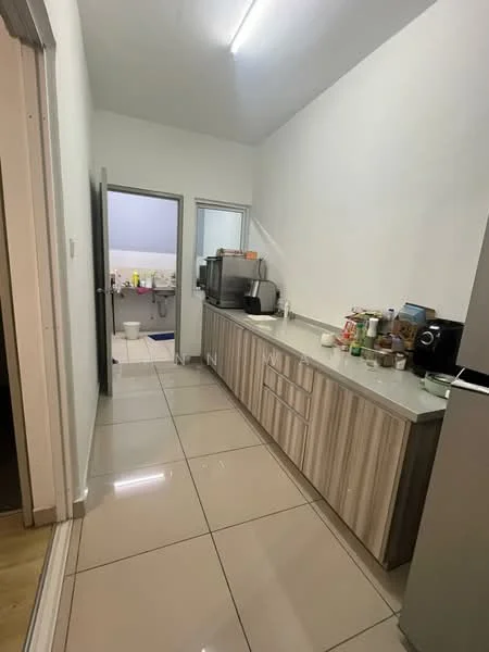 Kitchen features: white painted walls, grey laminate cabinetry, light grey countertop, ceramic tile flooring, stainless-steel fridge, built-in coffee machine, kettle, toaster, microwave, sink, wall-mounted cabinets, open shelving, recessed lighting; style: modern. Room features: white painted walls, ceramic tile flooring, doorway to bathroom, doorway to hallway.