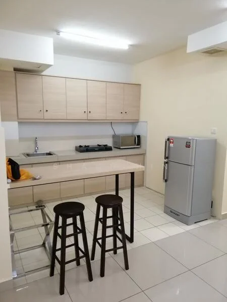 Kitchen features: light wood cabinetry, stainless-steel sink, chrome pull-down faucet, built-in gas hob, microwave, stainless-steel fridge, countertop with bar seating, two wooden bar stools, white tiled flooring, fluorescent ceiling lights; style: modern.