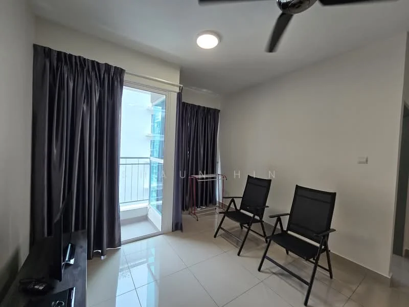 Living features: white painted walls, glossy tile flooring, ceiling fan, floor-to-ceiling windows, sliding glass door, black TV console, two folding chairs, curtains, balcony view; style: modern; view: city.