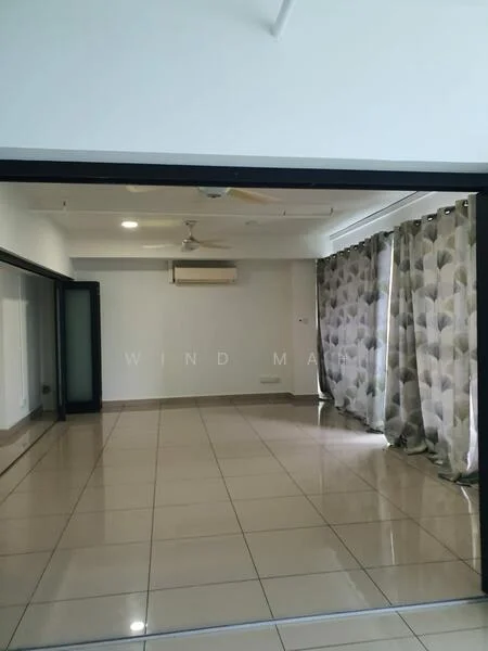 Living features: glossy ceramic tile flooring, white painted walls, 5-blade ceiling fan with light, wall-mounted split AC, floor-to-ceiling windows, sliding glass door, sheer curtains with geometric pattern, recessed downlights; style: modern.