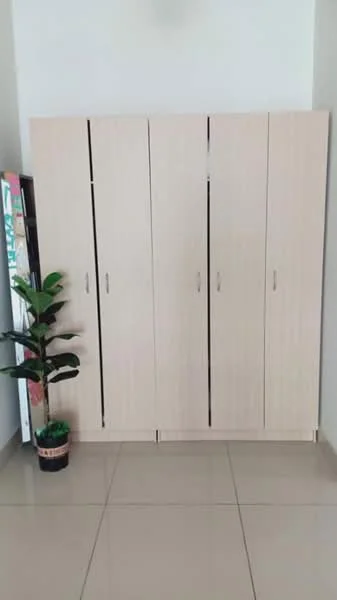 Room features: built-in wardrobe with sliding doors, light wood finish, ceramic tile flooring, indoor plant in pot, full-length mirror; style: modern.