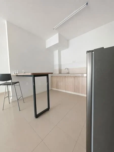 Kitchen features: light wood cabinetry, single-bowl stainless-steel sink, chrome pull-down faucet, countertop with overhang for seating, stainless-steel fridge, tile flooring, white painted walls, recessed lighting; style: modern.