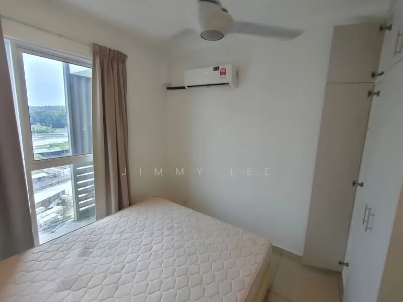Bedroom features: single bed, wall-mounted split AC, ceiling fan, built-in wardrobe, window with sheer curtains, cream painted walls, tile flooring.