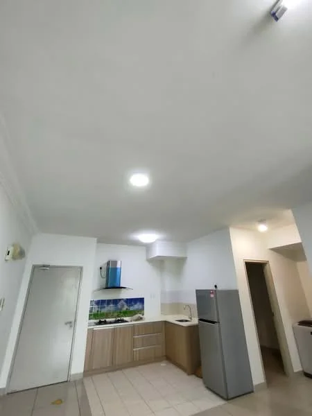 Kitchen features: white painted walls, ceiling with recessed downlights, tile flooring, wood cabinetry, countertop with backsplash, stainless-steel fridge, single-bowl stainless-steel sink, chrome pull-down faucet, built-in stove, kitchen exhaust hood; style: modern.