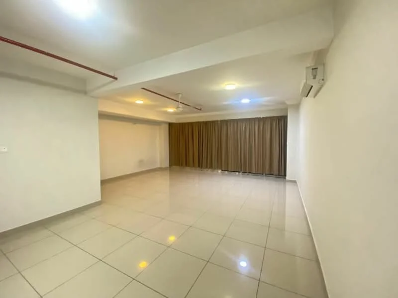 Room features: white painted walls, polished ceramic tile flooring, recessed downlights, ceiling fan, wall-mounted split AC, curtains in beige, open layout, no visible furniture; style: modern.