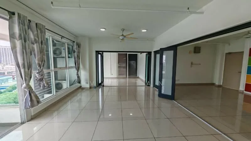 Room features: large floor-to-ceiling windows, sliding glass doors, cream painted walls, polished tile flooring, 5-blade ceiling fan, recessed downlights, curtains, open layout, visible air conditioning units; style: modern; view: garden.