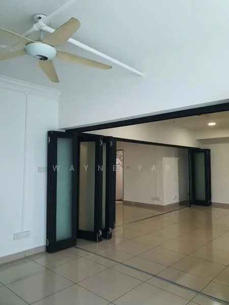Room features: white painted walls, ceiling fan, large sliding glass doors, tile flooring, recessed lighting, open layout, neutral color scheme, crown moulding; style: modern.