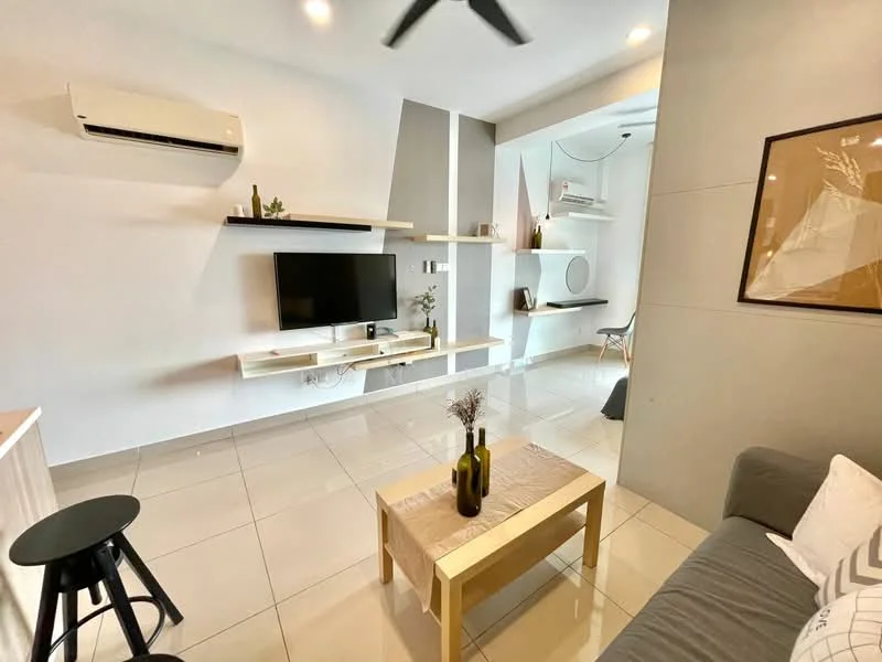 Living features: wall-mounted TV, floating shelves, light grey accent wall, white walls, recessed downlights, ceiling fan, large floor tiles, sofa in grey, coffee table with gold trim, black stool, decorative plants; style: modern.