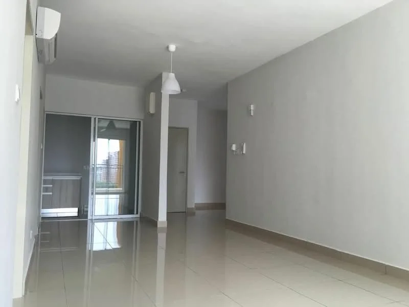 Living features: white painted walls, glossy tiled flooring, sliding glass door, floor-to-ceiling windows, ceiling light fixture, wall-mounted air conditioning unit, neutral color scheme, open layout; style: modern; view: city.