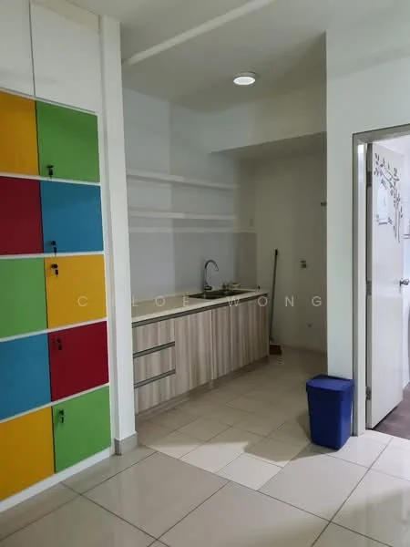 Kitchen features: single-bowl stainless-steel sink, chrome pull-down faucet, laminate countertop, wood cabinetry with horizontal grain, white painted walls, tile flooring, recessed ceiling lights, colorful storage lockers, broom and dustpan visible, blue trash bin; style: modern.