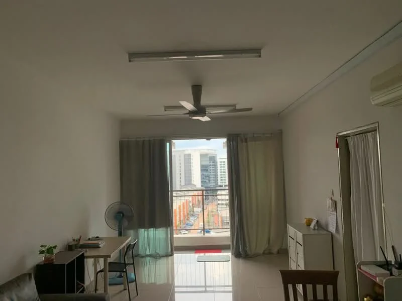 Living features: white painted walls, polished tile flooring, 5-blade ceiling fan, floor-to-ceiling windows, sheer curtains, blackout curtains, desk with chair, small potted plant, white dresser, air conditioning unit; style: modern; view: city.
