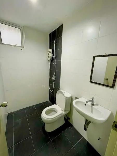 Bathroom features: white tiled walls, black accent wall, black tile flooring, one-piece toilet, wall-mounted shower with handheld showerhead, mirror with frame, small sink with chrome faucet, window for natural light; style: modern.