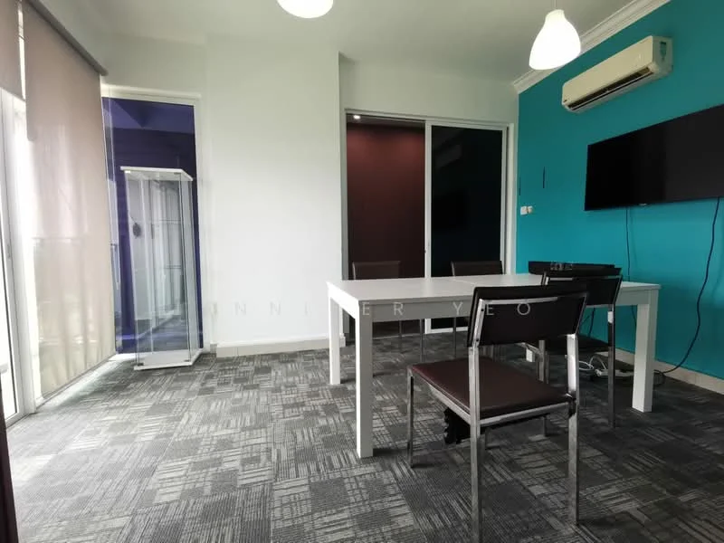 Study features: grey carpet flooring, turquoise accent wall, white painted walls, 1 wall-mounted split AC, ceiling light fixture, glass sliding door, table with 4 chairs, wall-mounted TV, window with sheer curtains; style: modern.