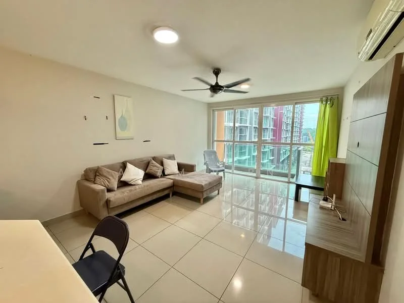 Living features: 3-seater fabric sofa in beige, ceiling fan with light, wall-mounted TV, TV console, large floor-to-ceiling windows, sliding glass door, white painted walls, glossy tile flooring, decorative wall art, green curtains, air conditioning unit; style: modern; view: city.