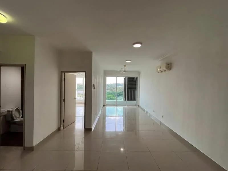 Living features: white painted walls, polished ceramic tile flooring, 5-blade ceiling fan, recessed LED downlights, floor-to-ceiling windows, sliding glass door, air conditioning unit, view of greenery; style: modern; view: garden. Bathroom features: one-piece toilet.