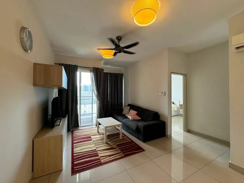 Living features: 3-seater fabric sofa in black, coffee table, TV console, wall-mounted TV, area rug with striped pattern, floor-to-ceiling windows, curtains in dark grey, ceiling fan with light, recessed downlights, white painted walls, glossy tile flooring, air conditioning unit; style: modern; view: city.