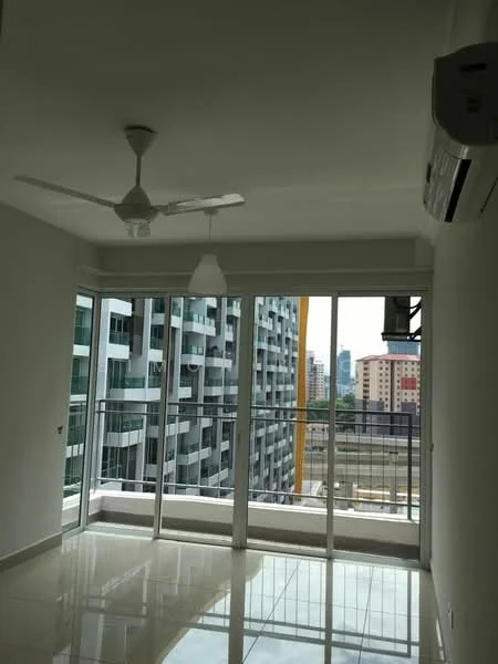Living features: floor-to-ceiling windows, sliding glass door, white painted walls, polished ceramic tile flooring, 5-blade ceiling fan with light, recessed downlights, balcony view, air conditioning unit; style: modern; view: city.