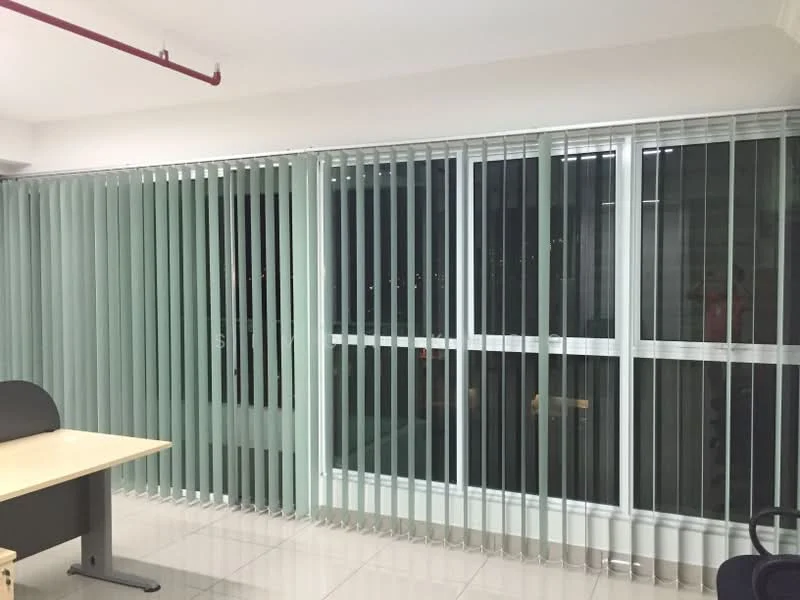 Room features: vertical blinds, floor-to-ceiling windows, white walls, glossy tile flooring, desk, office chair, city view, light fixtures; style: modern; view: city.