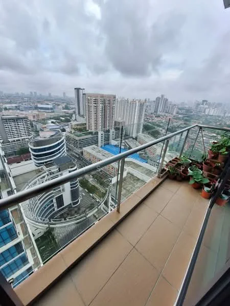 Room features: glass railing, tile flooring, potted plants, city skyline view, high-rise building view, overcast sky; style: modern; view: city.