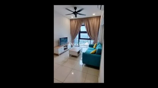 Living features: 3-seater fabric sofa in teal, coffee table, TV console, wall-mounted TV, floor-to-ceiling windows, sheer curtains, 5-blade ceiling fan with light, polished tile flooring, decorative wall, area rug; style: modern; view: city.