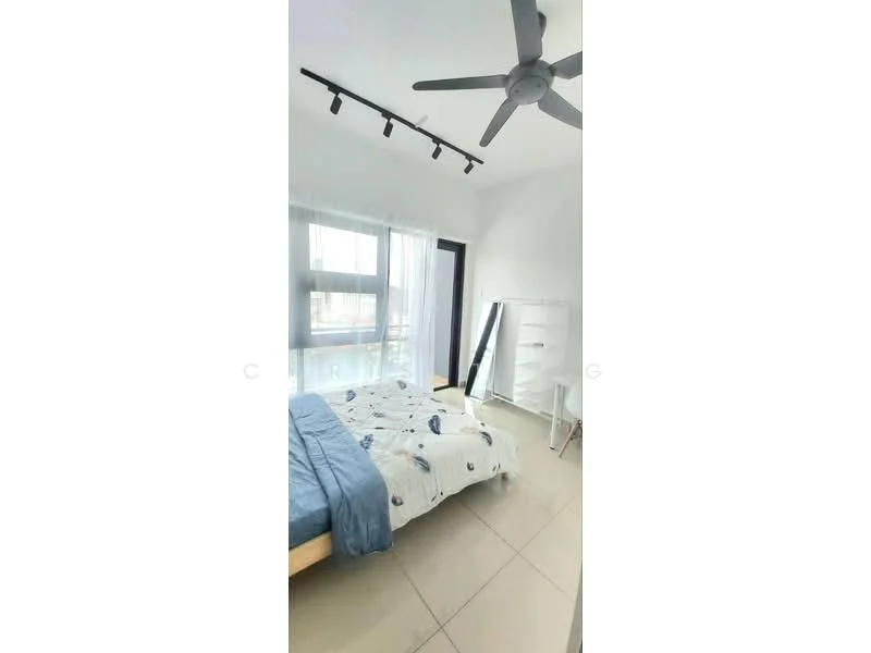 Bedroom features: queen-size bed with patterned bedding, floor-to-ceiling windows, sheer curtains, 5-blade ceiling fan, track lighting, light-colored walls, tile flooring, white dresser, decorative mirror; style: modern; view: city.