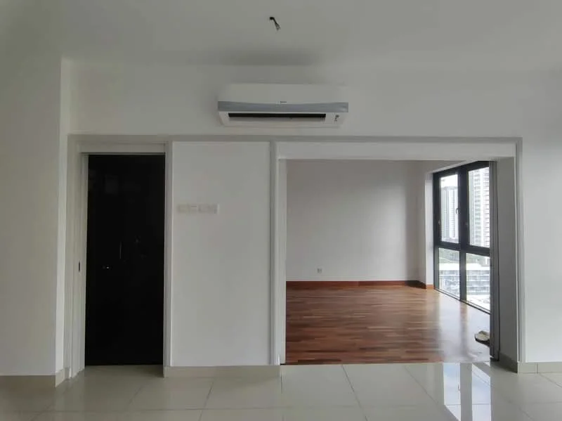 Room features: white painted walls, tile flooring, 1 wall-mounted split AC, doorway leading to another room, large windows, wood flooring visible in adjacent room, neutral color scheme, minimalist design; style: modern; view: city.