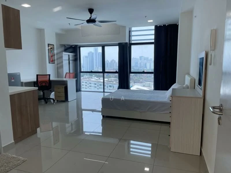 Room features: floor-to-ceiling windows, city skyline view, white painted walls, glossy tile flooring, ceiling fan, queen-size bed, study desk, office chair, built-in wardrobe, kitchenette with cabinets, refrigerator, open layout; style: modern; view: city.