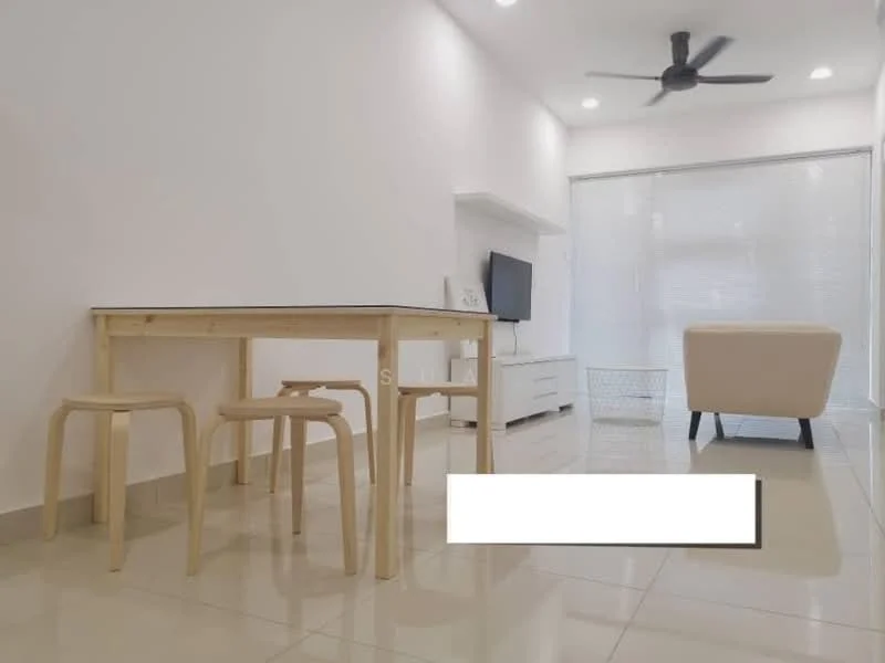 Living features: white painted walls, glossy tile flooring, 5-blade ceiling fan with light, wall-mounted TV, white TV console, light-colored armchair, wooden dining table, 2 wooden stools, large glass sliding door, natural light from window; style: modern.