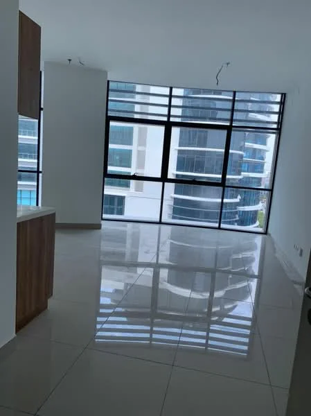 Living features: large floor-to-ceiling windows, white painted walls, glossy tile flooring, open layout, natural light, city view, minimalist design, no visible furniture; style: modern; view: city.