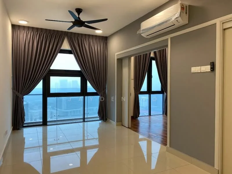 Living features: floor-to-ceiling windows, grey painted walls, white ceiling, 5-blade ceiling fan with light, recessed downlights, glossy tile flooring, curtains in grey fabric, air conditioning unit, wooden flooring in adjacent room, doorway leading to another room; style: modern; view: city.